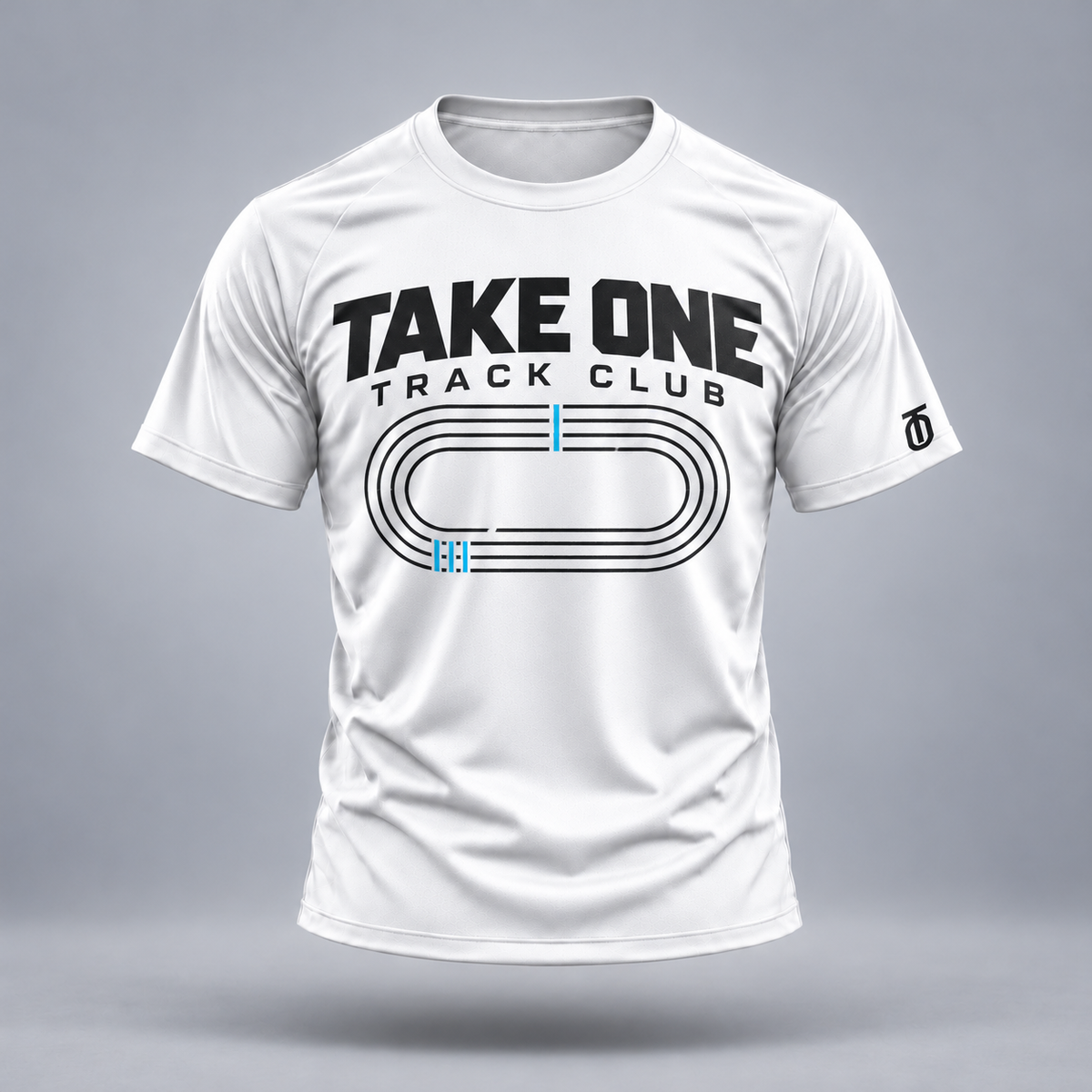 Take One Track Club Performance Graphic Tee by Take One Sportswear in White, front view featuring track-club lettering and lane geometry and TO sleeve branding.