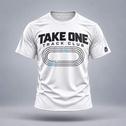 Take One Track Club Performance Graphic Tee by Take One Sportswear in White, front view featuring track-club lettering and lane geometry and TO sleeve branding.