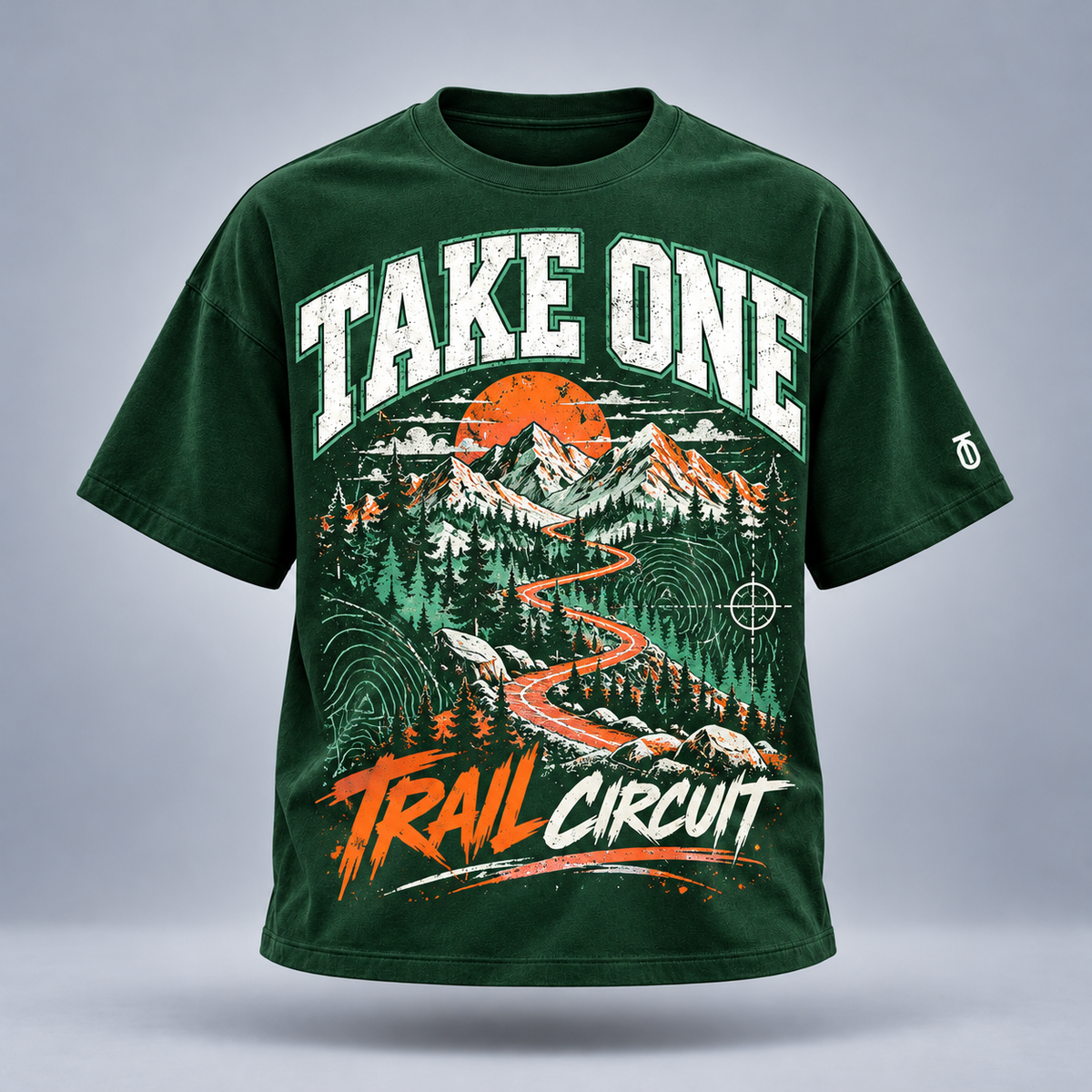 Take One Trail Circuit Graphic Tee by Take One Sportswear in Forest Green, front view featuring trail-map illustration and outdoor running details and TO sleeve branding.