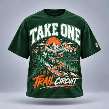 Take One Trail Circuit Graphic Tee by Take One Sportswear in Forest Green, front view featuring trail-map illustration and outdoor running details and TO sleeve branding.