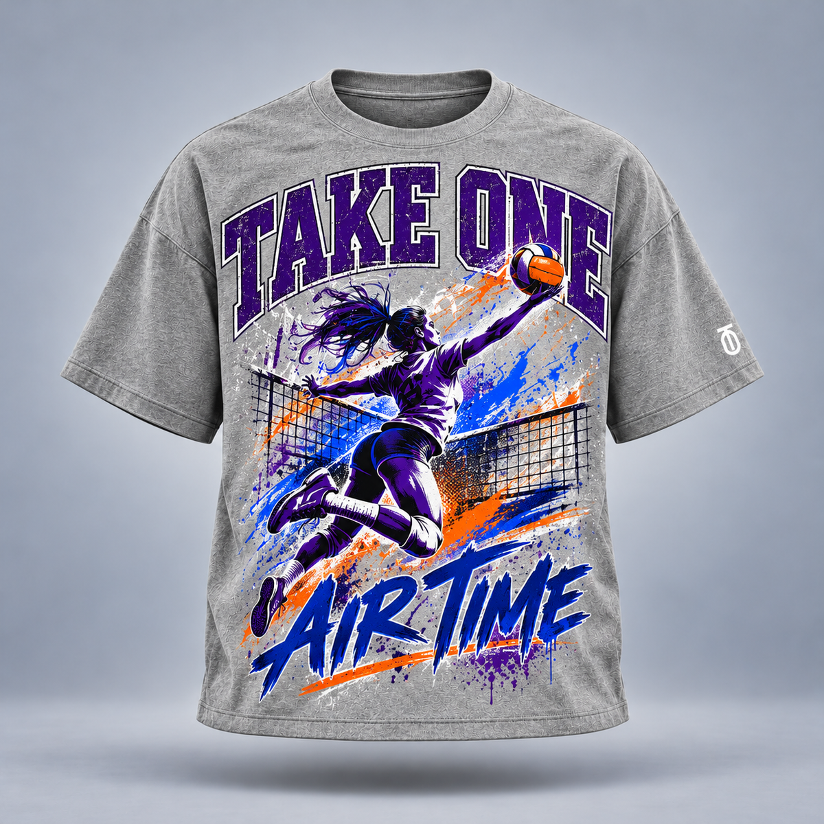 Take One Air Time Graphic Tee by Take One Sportswear in Heather Grey, front view featuring original airborne volleyball action artwork and TO sleeve branding.