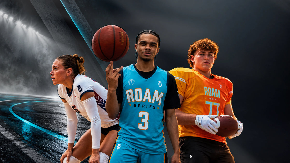 Volleyball, basketball, and football athletes wearing Take One Sportswear custom uniforms against a dark stadium backdrop.