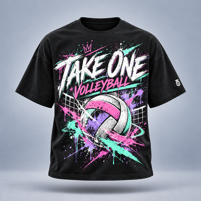 Take One Net Energy Graphic Tee by Take One Sportswear in Black, front view featuring pastel volleyball artwork and energetic type and TO sleeve branding.