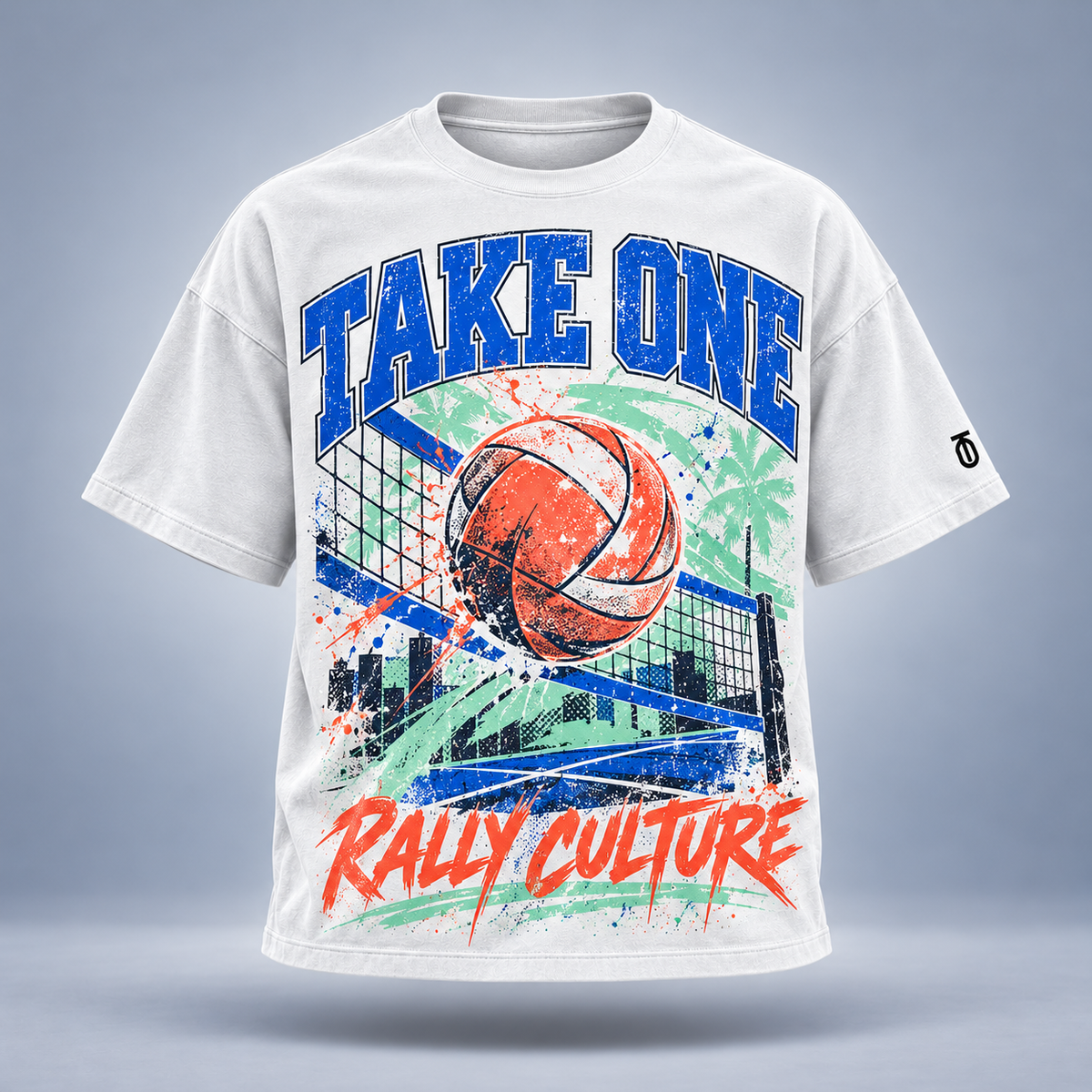 Take One Rally Culture Graphic Tee by Take One Sportswear in White, front view featuring vintage volleyball poster composition and TO sleeve branding.