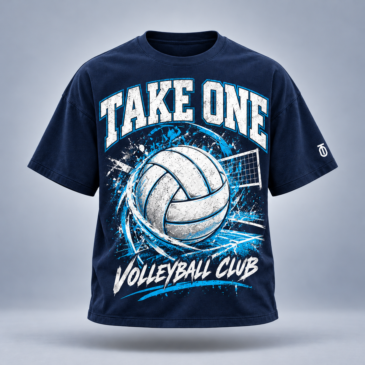 Take One Volleyball Club Graphic Tee by Take One Sportswear in Midnight Navy, front view with classic volleyball-club typography and TO sleeve branding.