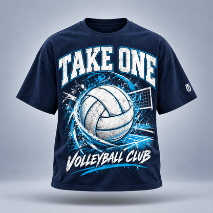 Take One Volleyball Club Graphic Tee by Take One Sportswear in Midnight Navy, front view with classic volleyball-club typography and TO sleeve branding.